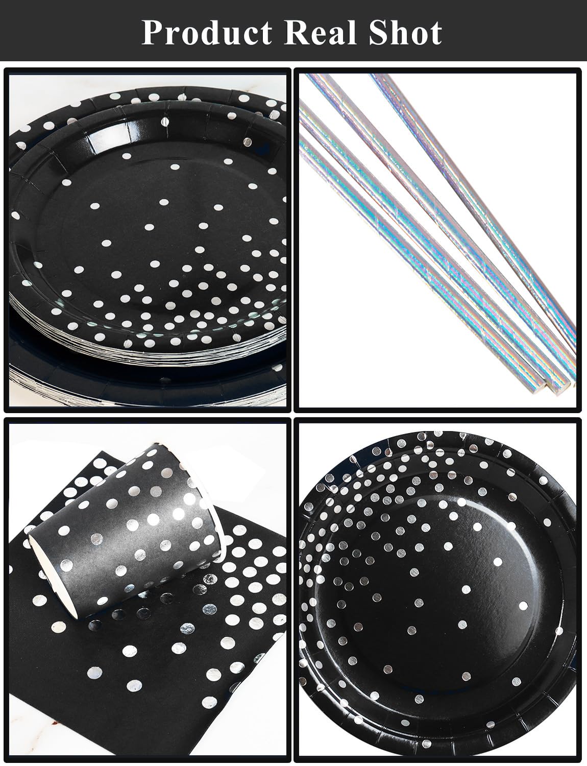 Nkaiso Paper Plates Napkins Cups Set, 126 Piece Black and Silver Paper Tableware Set Includes Birthday Paper Plates Napkins Cups Straws for Wedding Shower Engagement Wedding Birthday-25 Guests