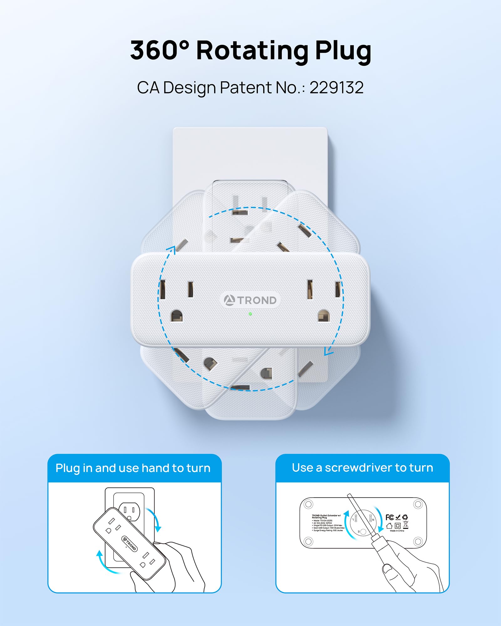 TROND Surge Protector Outlet Extender with 360° Rotating Plug, 2 Pack Flat Power Adapter Indoor, 6 Charging Station Ports, 3 Way Wall Splitters Expander for Home Office Dorm Bathroom Kitchen Travel