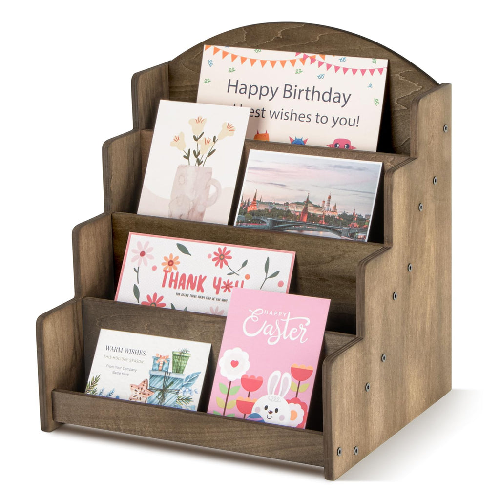 Greeting Card Display Stand, Wooden 4-Tier Postcard Display Stand Holder for Sticker, Vendors, Retail Stores, Brown