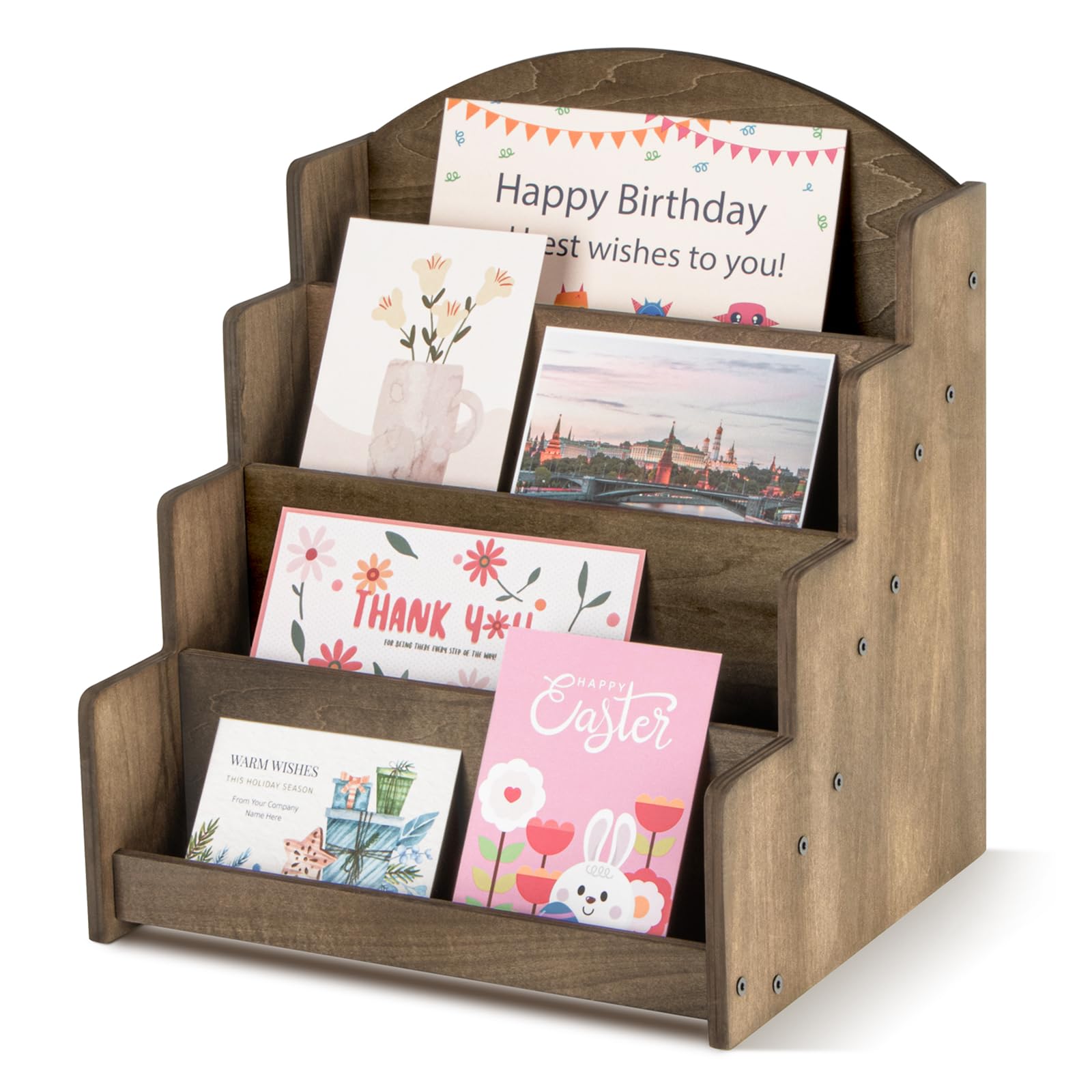 Greeting Card Display Stand, Wooden 4-Tier Postcard Display Stand Holder for Sticker, Vendors, Retail Stores, Brown