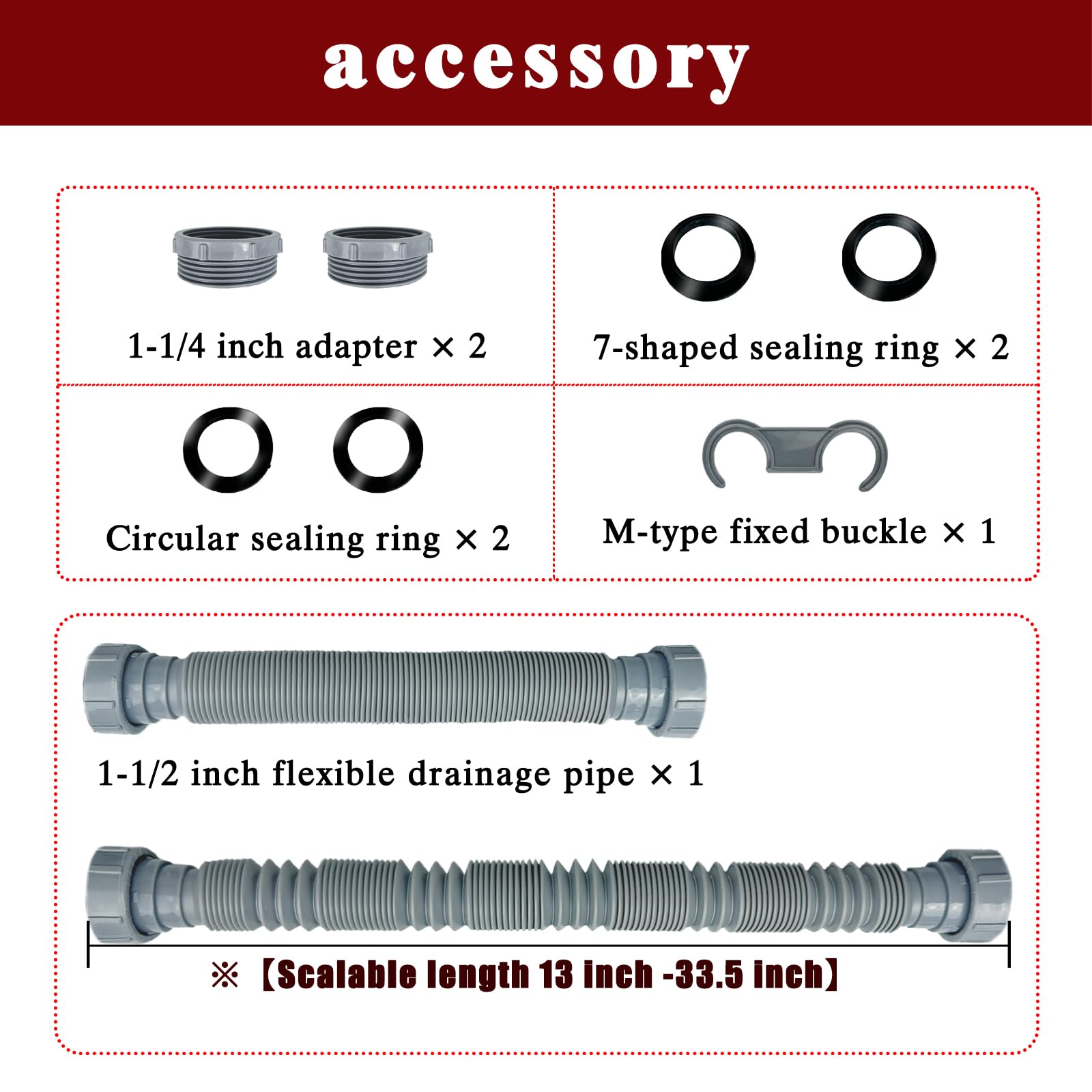 1-1/2 Inch Flexible Sink Drain Pipe, Scalable 13-33.5 Inch P Trap Pipe, Kitchen Sink Drain Kit，Bathroom Sink Drain, Contains 1-1/4 Inch Adapter (Gray)