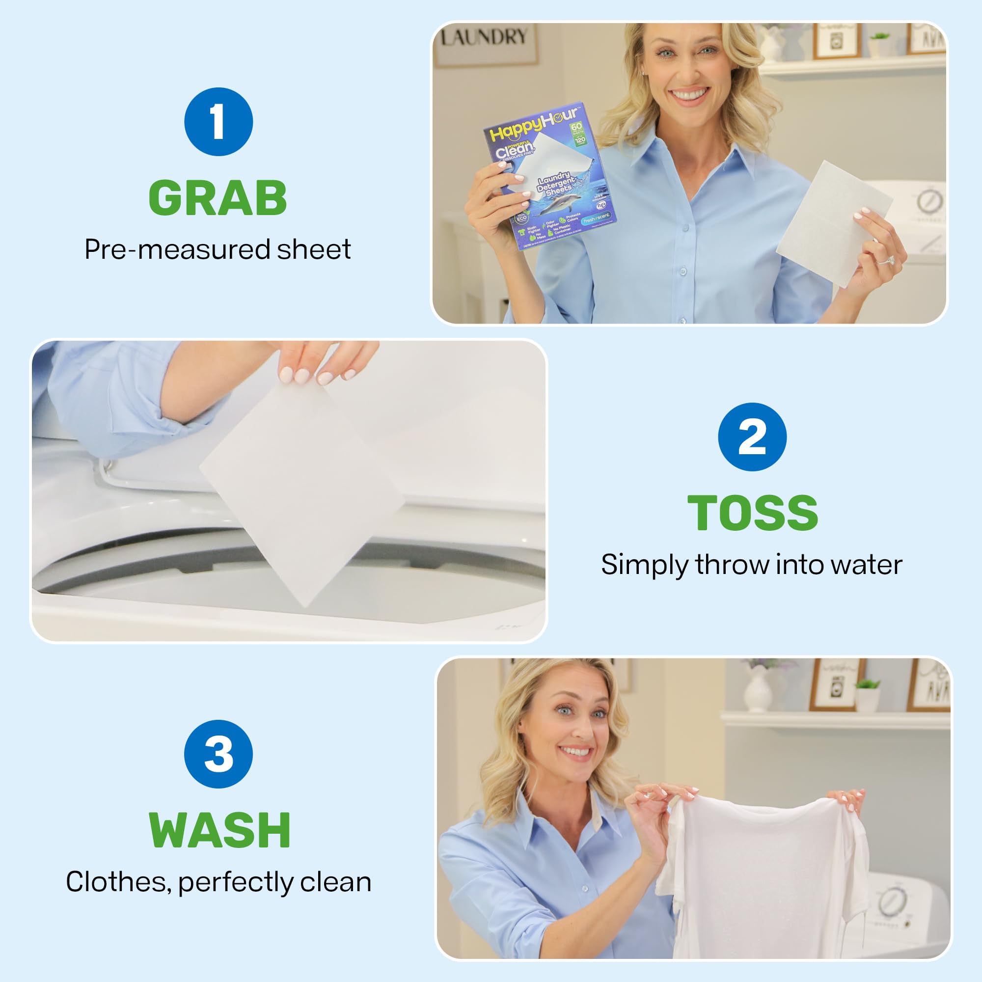 HAPPY HOUR Laundry Detergent Sheets Value Pack with up to 120 Loads, Non Toxic Laundry Sheets Detergent Soap for Sensitive Skin, Recyclable Eco Friendly, Perfect for Travel - Fresh Scent