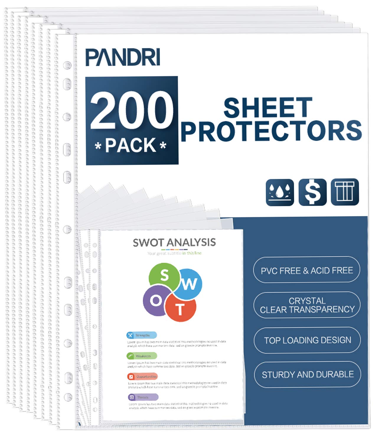 Sheet Protectors, PANDRI 200 Pack Clear Heavy Duty Plastic Page Protectors Sheet Reinforced 11-Hole Fit for 3 Ring Binder Fits Standard 8.5 x 11 Paper, 9.25 x 11.25 Top Loaded, Acid Free