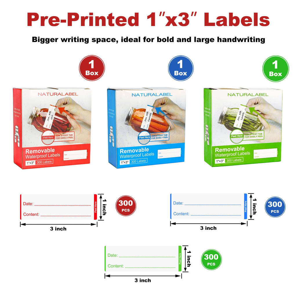 NATURALABEL 900 PCS Removable Freezer Labels with Dispenser - 1" x 3" Food Labels for Meal Prep Containers, Easy Peel-Off Design, No Residue (300 Labels/Roll, 3 Colors)