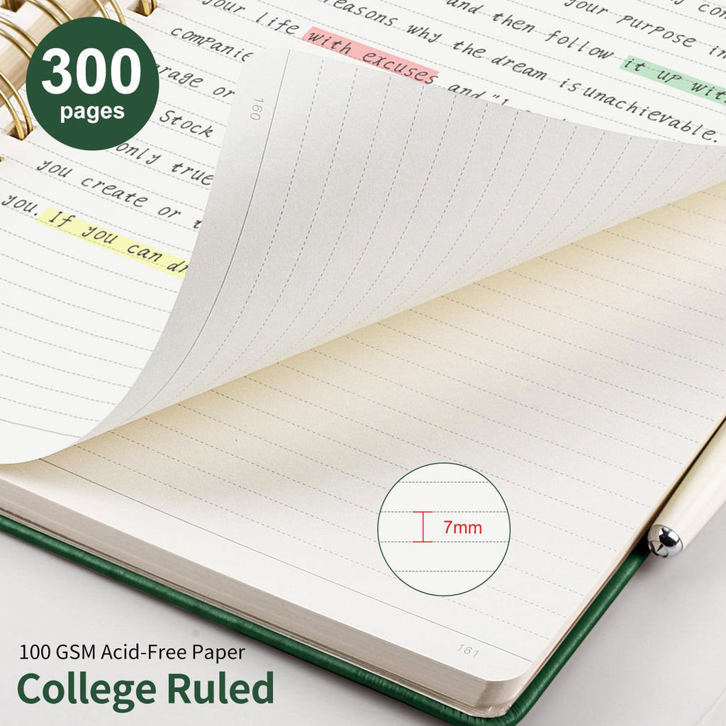 EMSHOI Lined Spiral Journal Notebook B5, 300 Numbered Pages, College Ruled Notebook, 7.48"×10.15" x 100gsm Lined Paper, Hardcover Leather Notebook for School, Work & Note Writing - Dark Green