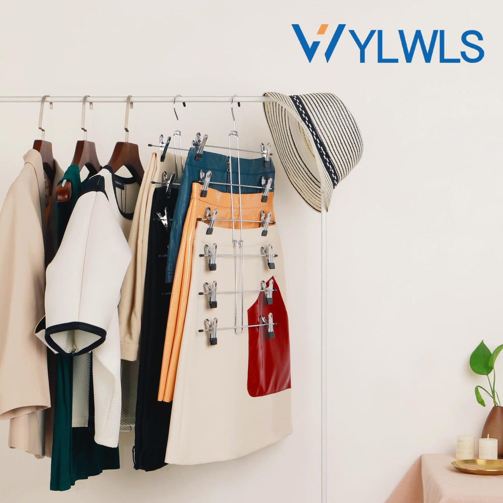 WYLWLS Skirt Hangers with Clips, Pant Hangers with Clips - Space Saving Hangers, Multi Clip for Skirts Pants Leggings Bra Scarf Organizer, Space Saver for Apartment & Small Space, 4 Pcs