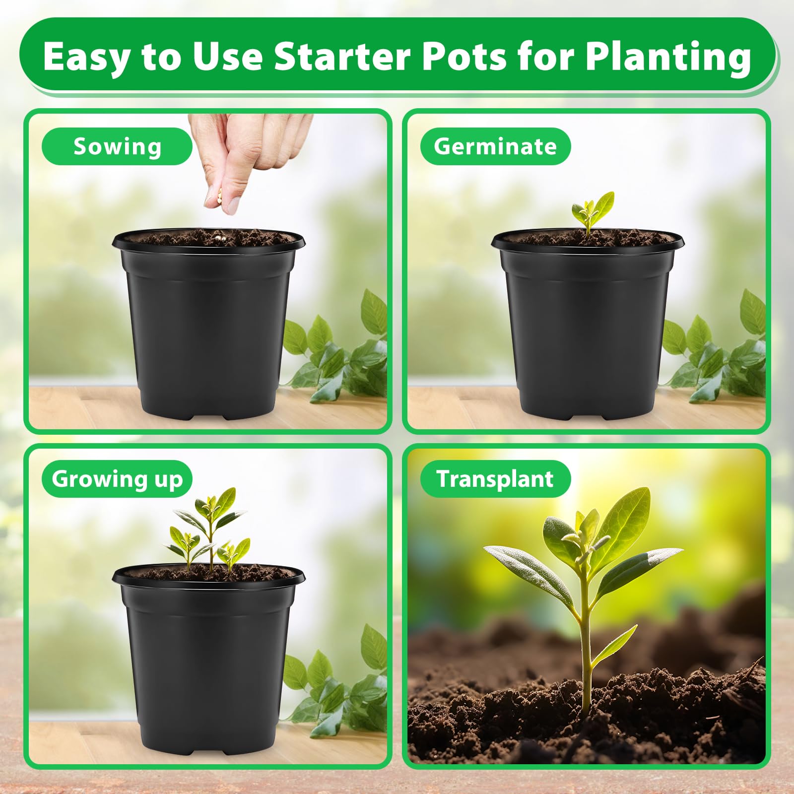 Sfee 100 Pack Plant Nursery Pots 4 inch Plastic Plant Pots, Soft Durable Reusable Seed Starting Pots for Succulents Plants Vegetables Fruits Seedlings Transplanting with 100 Plant Labels (Black)