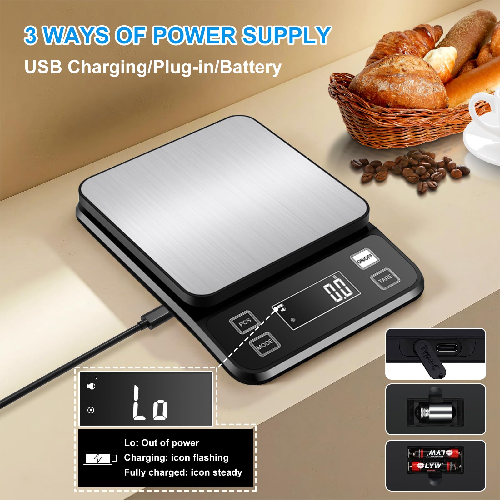 Waterproof Food Scale Rechargeable, [0.1g-10kg/22lb] Diyife Plug in Kitchen Scale with Adjustable LCD Display, 10 Units, Tare, PCS Counting, Auto Off, 304 Stainless Steel, Wall Mount for Cooking