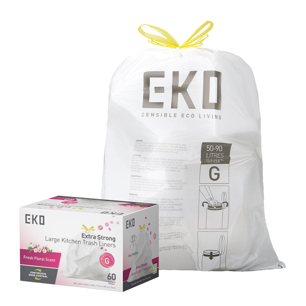 EKO Extra Strong 21 Gallon Large Trash Bags, Heavy-Duty Drawstring Kitchen & Household Garbage Bags (80L), Leak-Resistant, Fresh Floral Scent, Continuous Odor Control, 60 Count, Code G