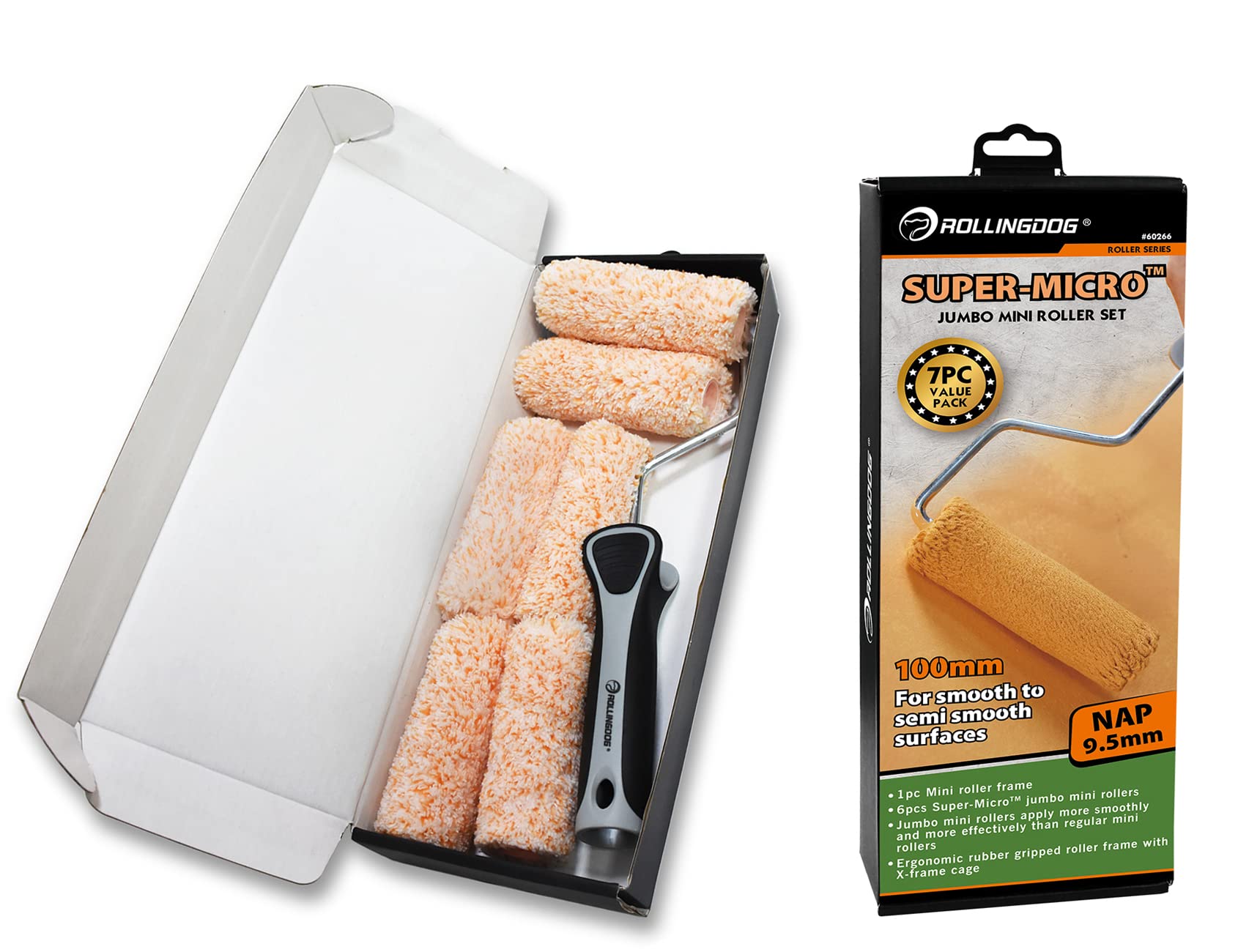ROLLINGDOG 4 Inch Paint Rollers - Mini Roller Frame with 6PC Microfiber Small Roller Covers with 3/8” Nap for Walls,Cabinets,Furniture Painting