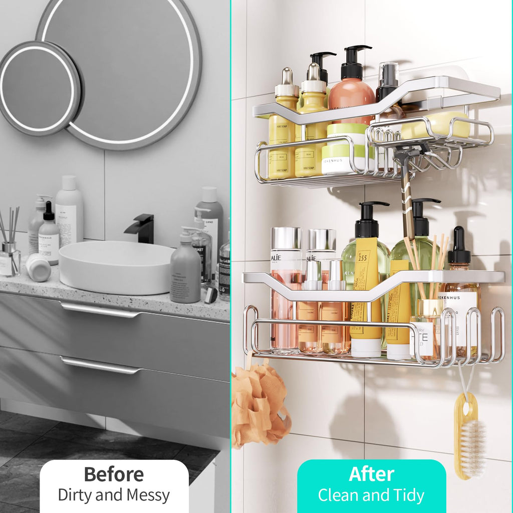 HapiRm Shower Caddy - Bathroom Organizers Adhesive Bathroom Shelf with Soap Holder Design and 11 Hooks, Rustproof & Waterproof Shower Shelves Made of SUS 304 Stainless Steel, Silver