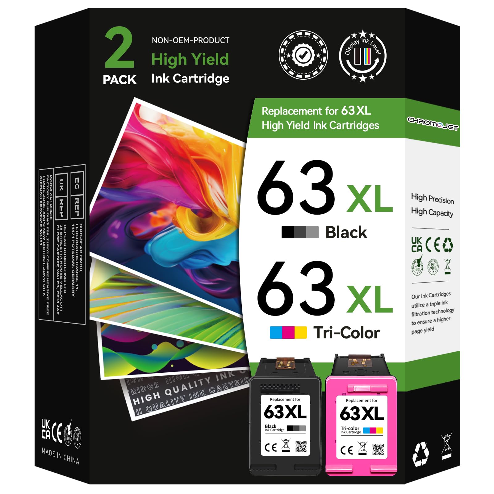 Chromojet 63XL Ink Cartridges Black and Color Compatible for HP Ink 63 for HP 63XL Ink Cartridge Combo Pack for OfficeJet 3830 4650 5255 5258 3833 for Envy 4520 3634 for DeskJet 1112 2132 3630 Printer