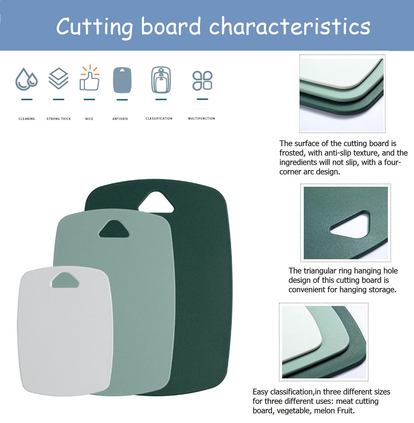 Plastic Cutting Board Set of 3, Cutting Boards for Kitchen,Thick Chopping Boards for Meat, Veggies, Fruits, with Easy Grip Handle,Non-Slip, Dishwasher Saf,Suitable for Outdoor Camping, RV. (Green)