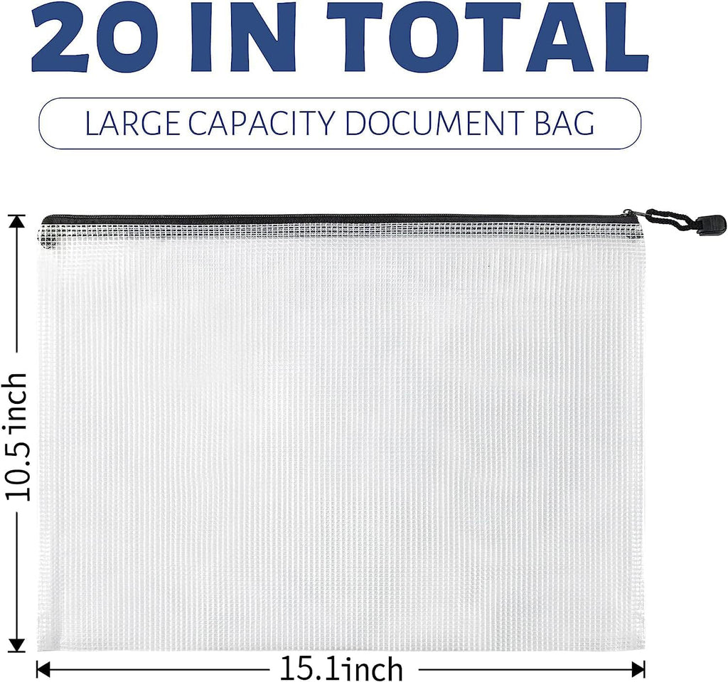 20 Pack Mesh Zipper Pouch Bags, B4 (15.1in x10.5in) Document Organizer Zipper Bags, Waterproof and Reuseable Plastic Pouches for Office, School, Travel, Puzzle Game Storage Bags.