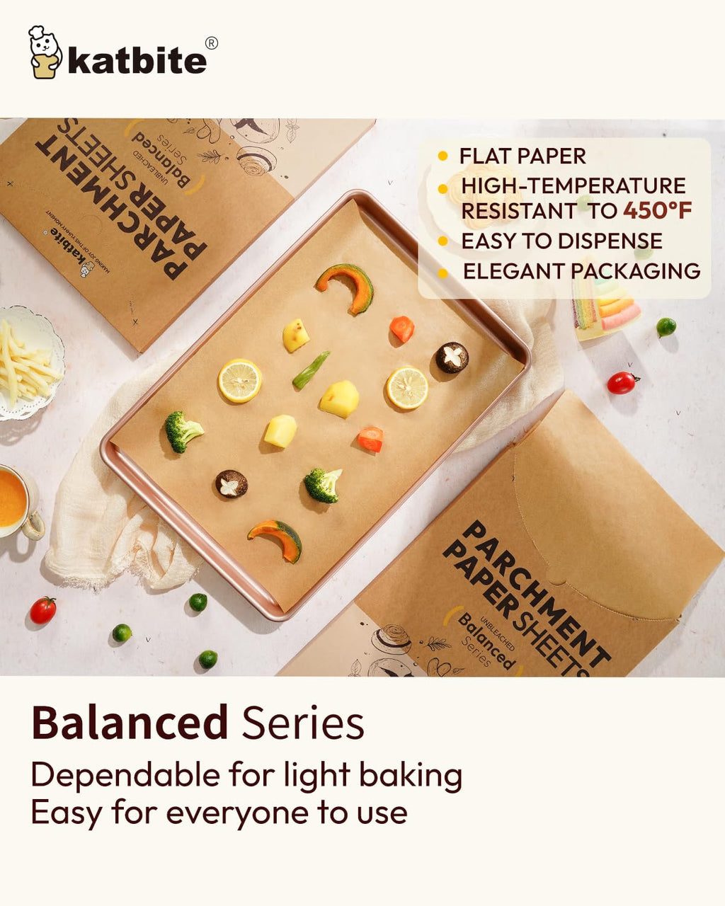 Katbite 220 Pcs Parchment Paper Sheets Balanced Series, 12x16 Inches Unbleached Baking Paper Non-Stick for Gently Baking, Pre-Cut Parchment Paper Suitable for Baking, Cooking,Air Fryer