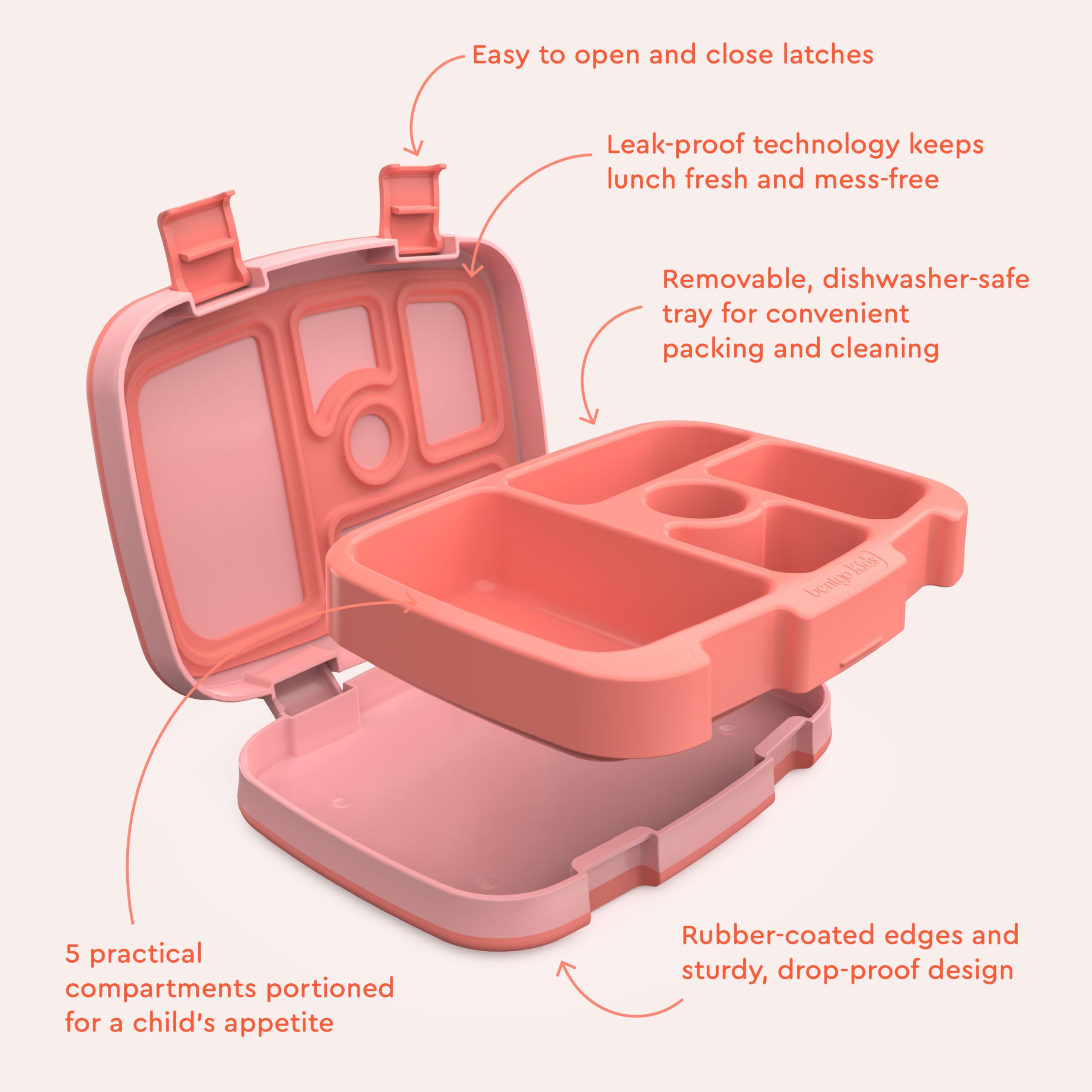 Bentgo® Kids Bento-Style 5-Compartment Lunch Box - Ideal Portion Sizes for Ages 3 to 7 - Leak-Proof, Drop-Proof, Dishwasher Safe, BPA-Free, & Made with Food-Safe Materials (Coral)