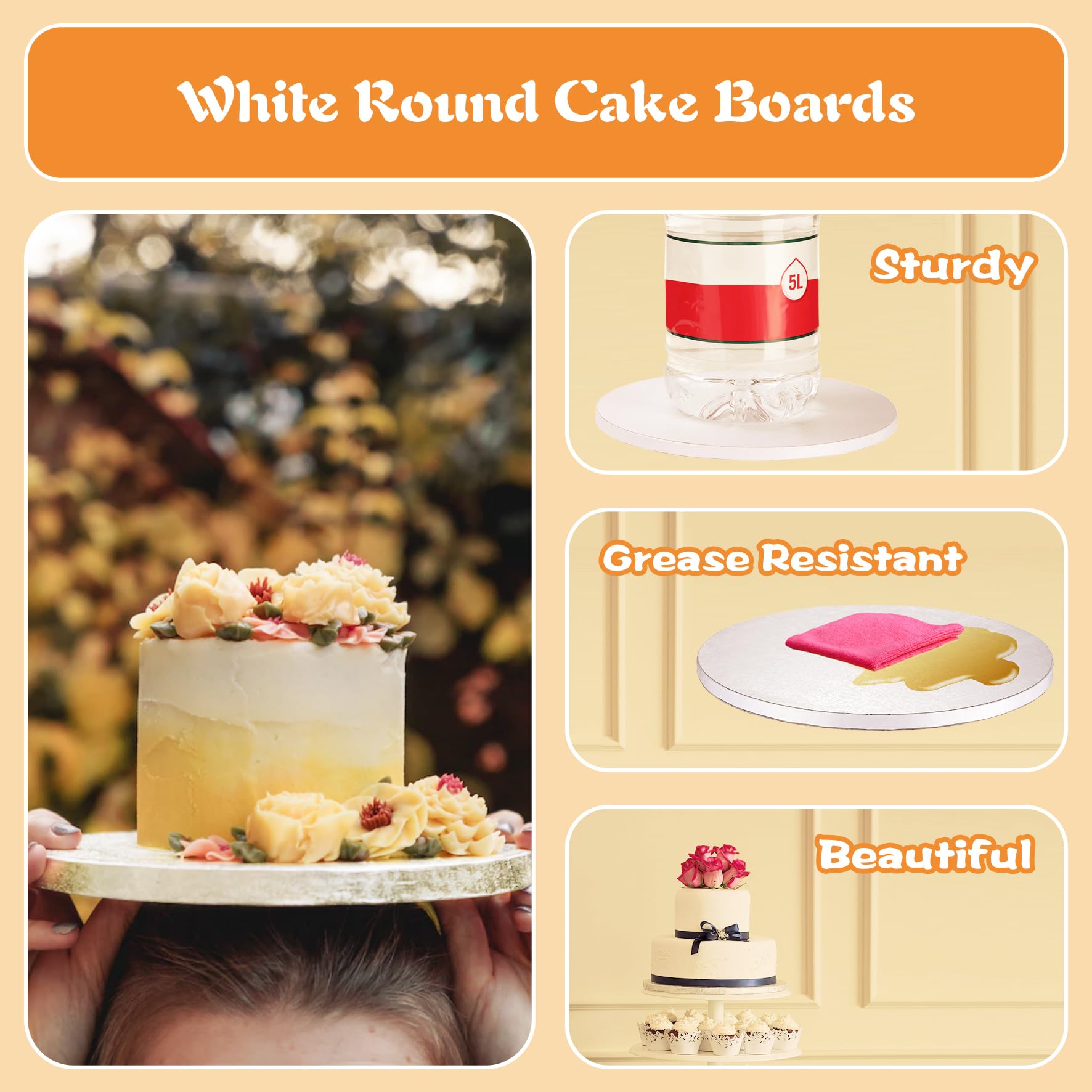 8 Inch Cake Drums, Cake Drum 8 Inch Round White(12-Pack) 1/2 Inch Thick Cake Boards Sturdy, Greaseproof for Birthday Wedding Multi-Tiered Party Cake Drums by GoldenBakeryFamily