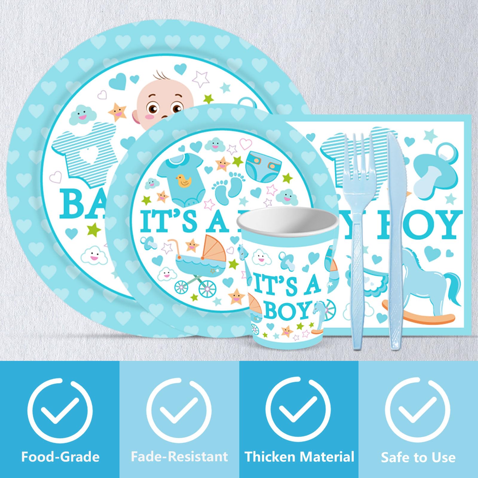 Poqirzan 144PCS Gender Reveal Party Supplies Baby Shower Plates and Napkins Tableware Sets for Boy Baby Shower Party Decorations Including Paper Cartoon Plates Napkins Cups Forks Serve 24