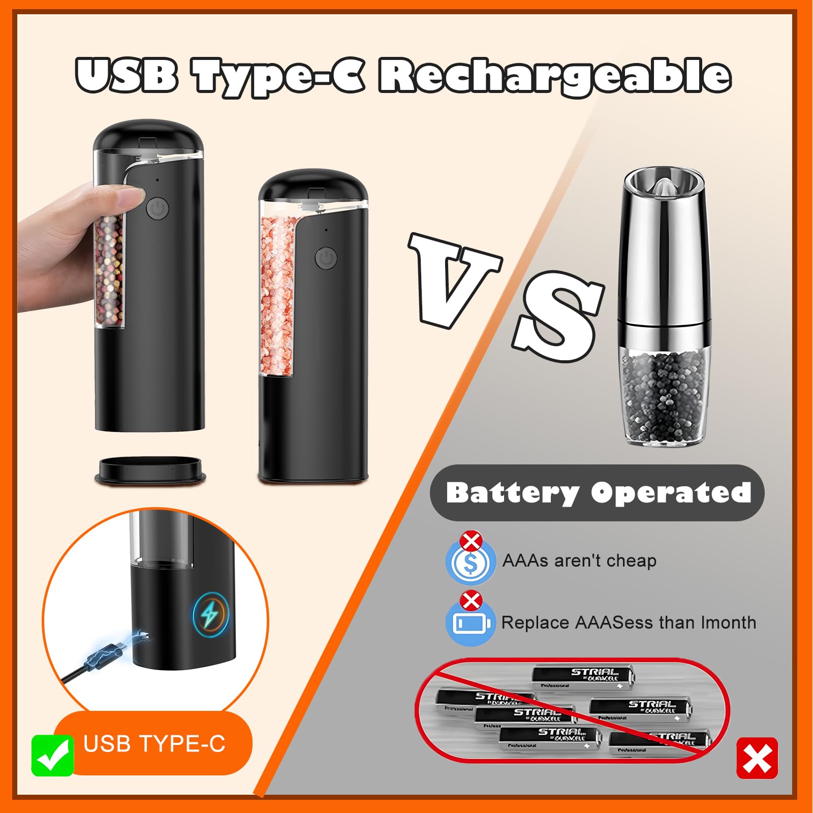 Rechargeable Salt and Pepper Grinder Set - Automatic Electric Salt and Pepper Mill with Type-C Charging Cable, White Light, Adjustable Coarseness, One Hand Operation, Black, 2 Pack