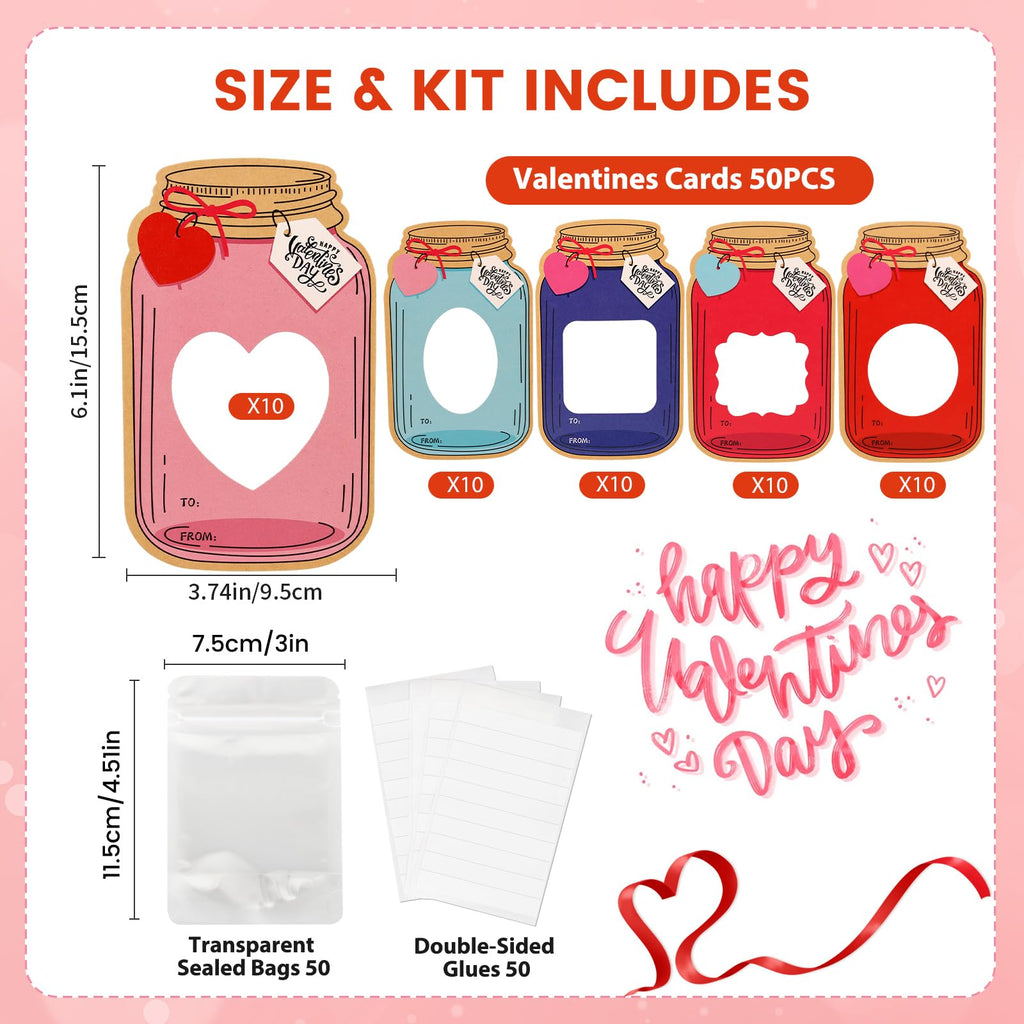 Giiffu 50 Pack Mason Jar Valentine Cards for Kids Classroom, 5 Color Designs DIY Valentine’s Day Cards with Treat Bags, Candy Valentines for School Exchange Party Favors (Candy Not Included)