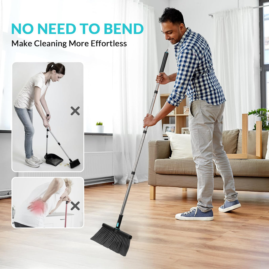 Broom and Dust Pan 61” Long Handle Broom and Dustpan Set with 180° Rotatable Broom Head for Home Office Kitchen Lobby Cleaning Upright Standing Broom and Dustpan
