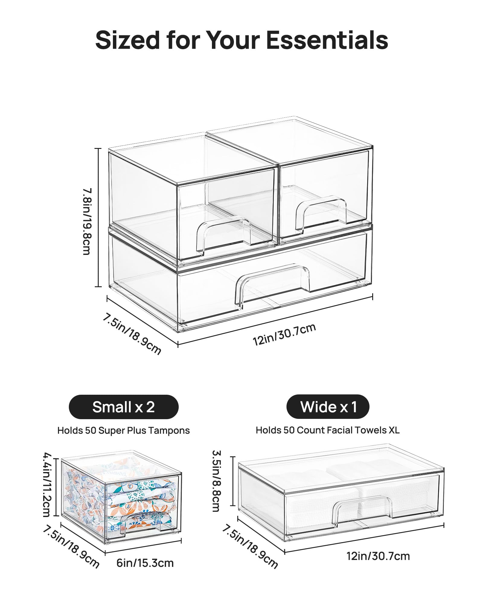 Vtopmart 3 Pack Stackable Clear Plastic Drawer Organizer, Makeup Organizers and Storage for Eyeshadow Palettes, Cosmetics, Beauty Supplies, Ideal for Vanity, Desk, Office, Bathroom Organization