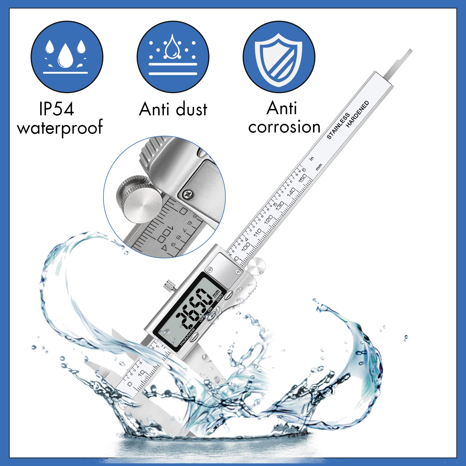 Simhevn150mm Digital Caliper, 6 Inch Stainless Steel Electronic Digital Caliper, with Extra-Large LCD Screen, Auto-Off Feature, Inch and Millimeter Conversion Metal Measuring Tool Caliper