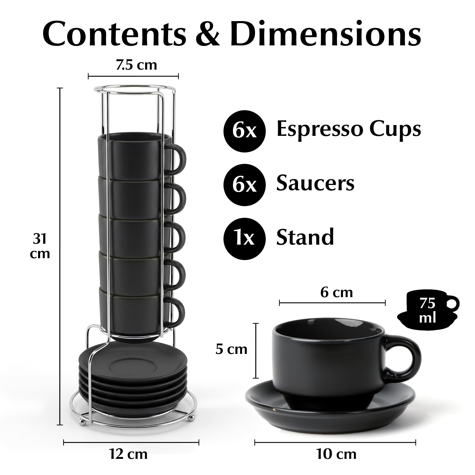 MIAMIO - 75 ml Espresso Cup Set with Saucers Coffee Mug Set of 6 - Ceramic Coffee Mug Stackable Espresso Mug with Stand for Coffee Drinks, Latte, Cafe Mocha - Le Papillon Collection (Black)
