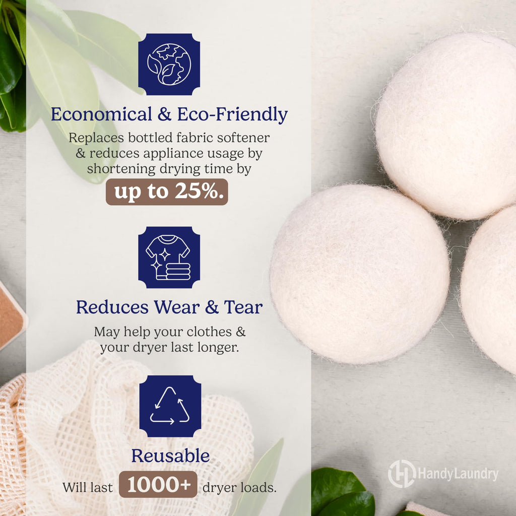 Handy Laundry Sheep Wool Dryer Balls Pack of 6 Premium 100% Natural XL Fabric Softener Reusable, Saves Drying Time