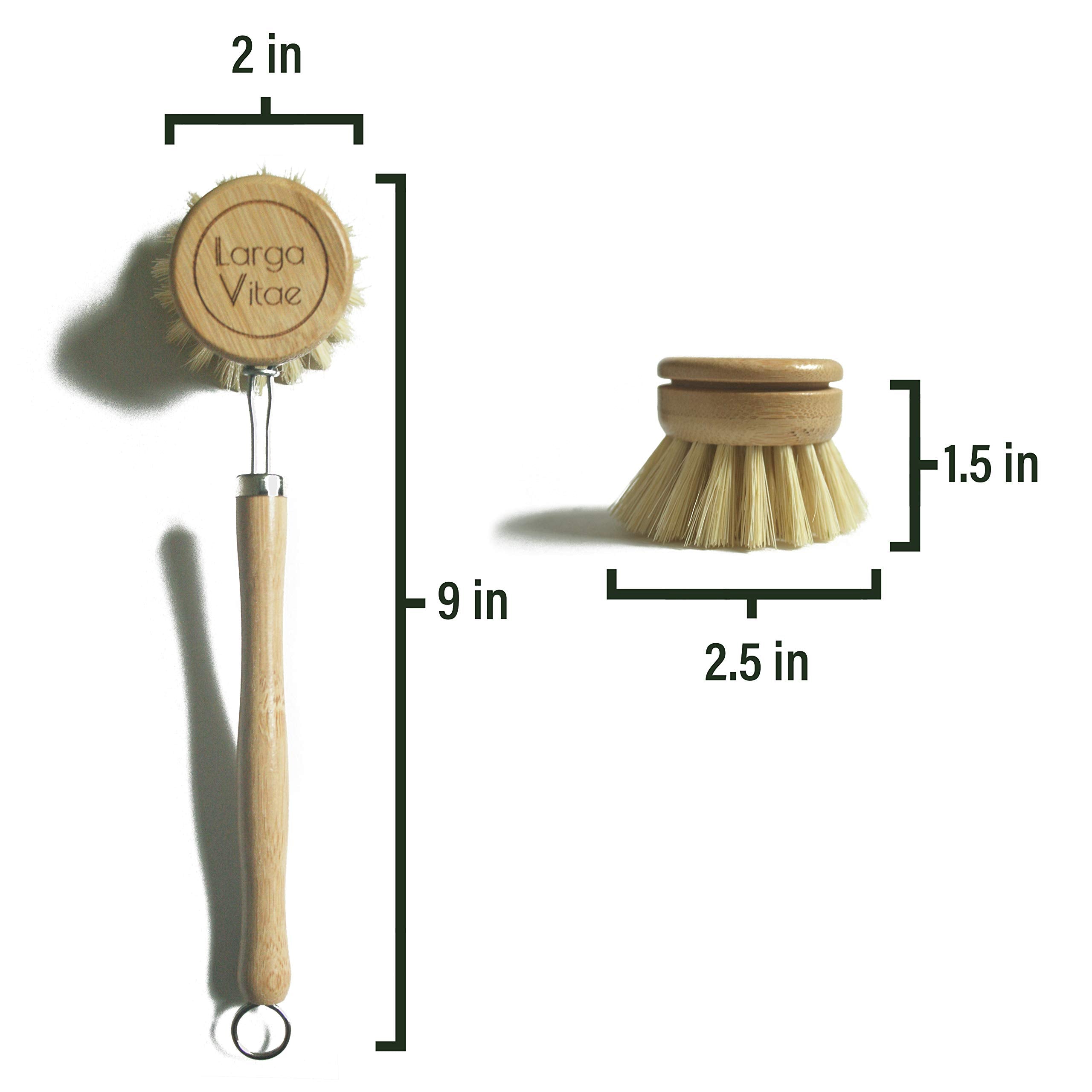 Larga Vitae Wooden Dish Brush Made of Renewable Bamboo Wood and Natural Bristle Tampico Fiber, includes 5 Replacement Brush Heads, Durable, Long Lasting, All Purpose Kitchen Scrubber