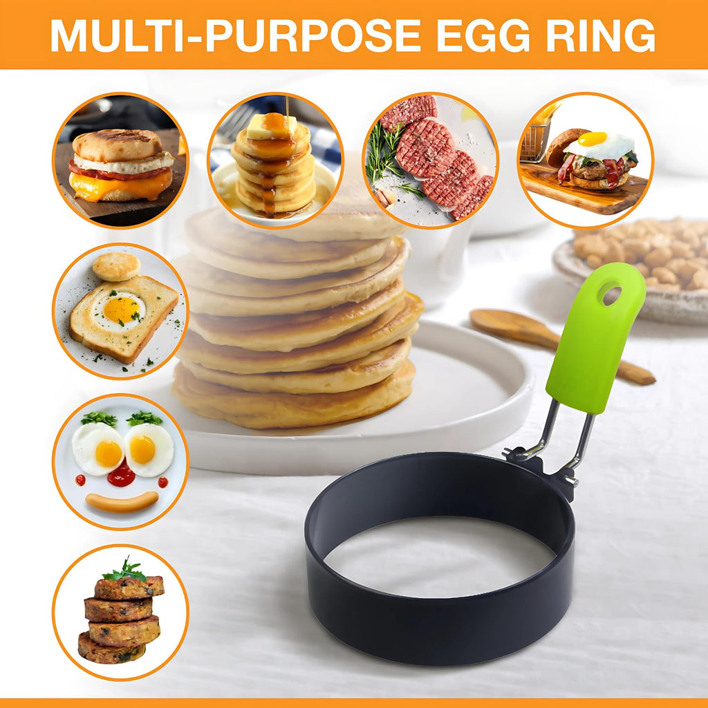 YOLKIEE Egg Rings, 4-Pack, Non-Stick Egg Ring with Oil Brush, Stainless Steel with Anti-Scald Multi-Color Silicone Handle, Round Mold Shaper for Frying Eggs and McMuffins