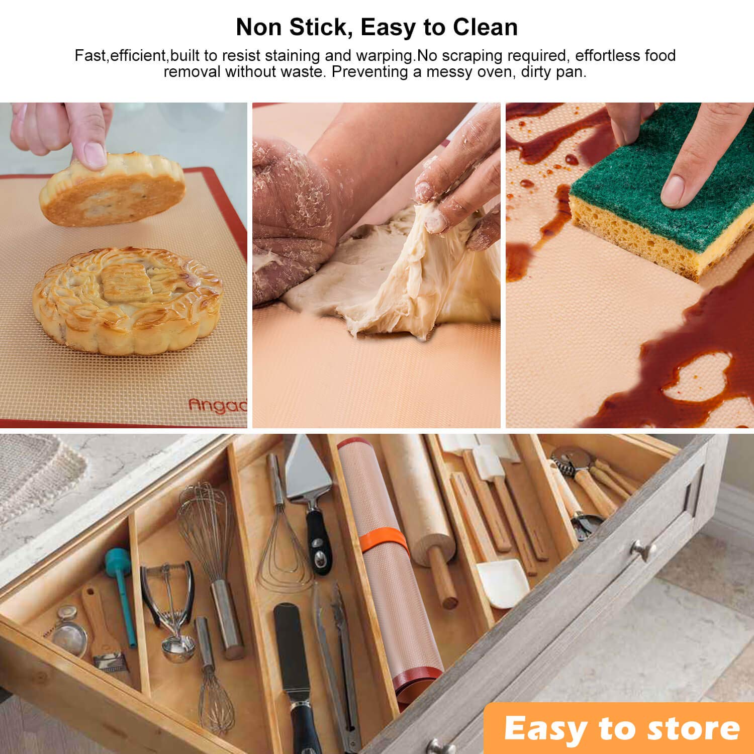 Silicone Baking Mats Set of 6-2 Half Sheets Mats + 2 Quarter Sheet Liner + 1 Round & 1 Square Cake Pan Mat - 100% Nonstick Reusable Silicone Mat- Bake Pastry for Cookie and Macaron
