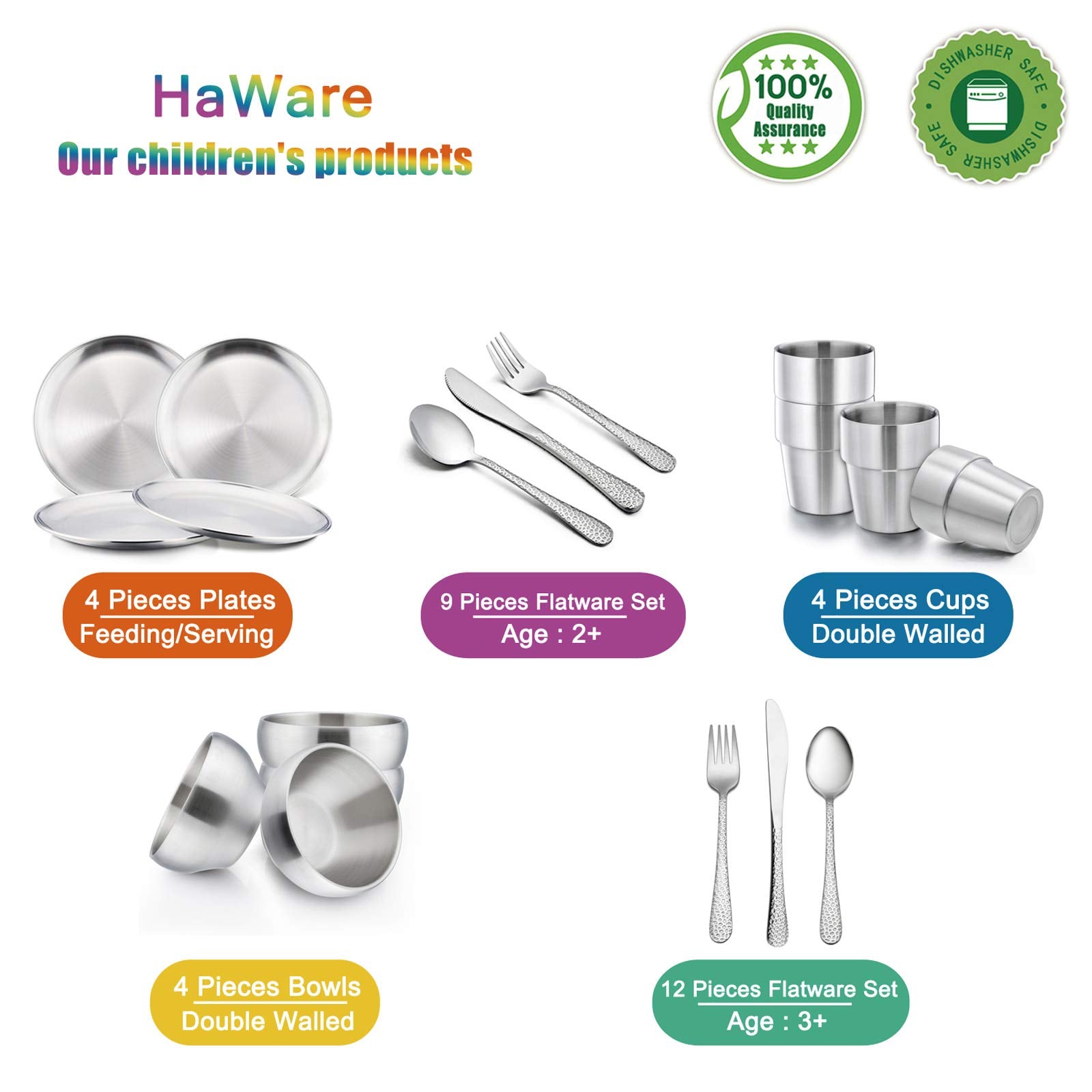 Kids 18/8 Stainless Steel Plates Dishes HaWare Toddlers Dinnerware Set for Home/Party/Gathering BPA-Free Unbreakable and Dishwasher Safe -4 Pack