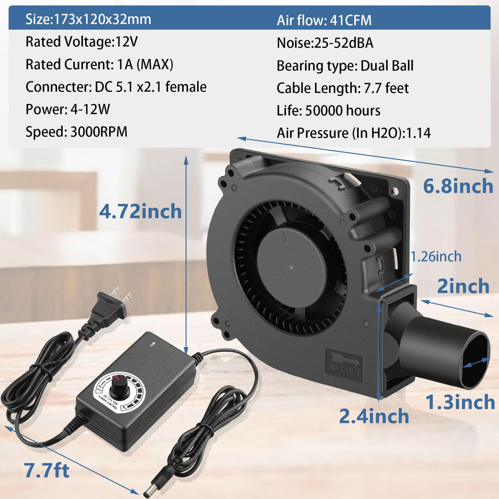 Wathai 120mm x 32mm Dual Ball Blower Fan 12V with 110v - 240v AC Plug Variable Speed Controller - High Velocity Squirrel Cage Fans for DIY Cooling Projects, BBQ, Drum Smoker