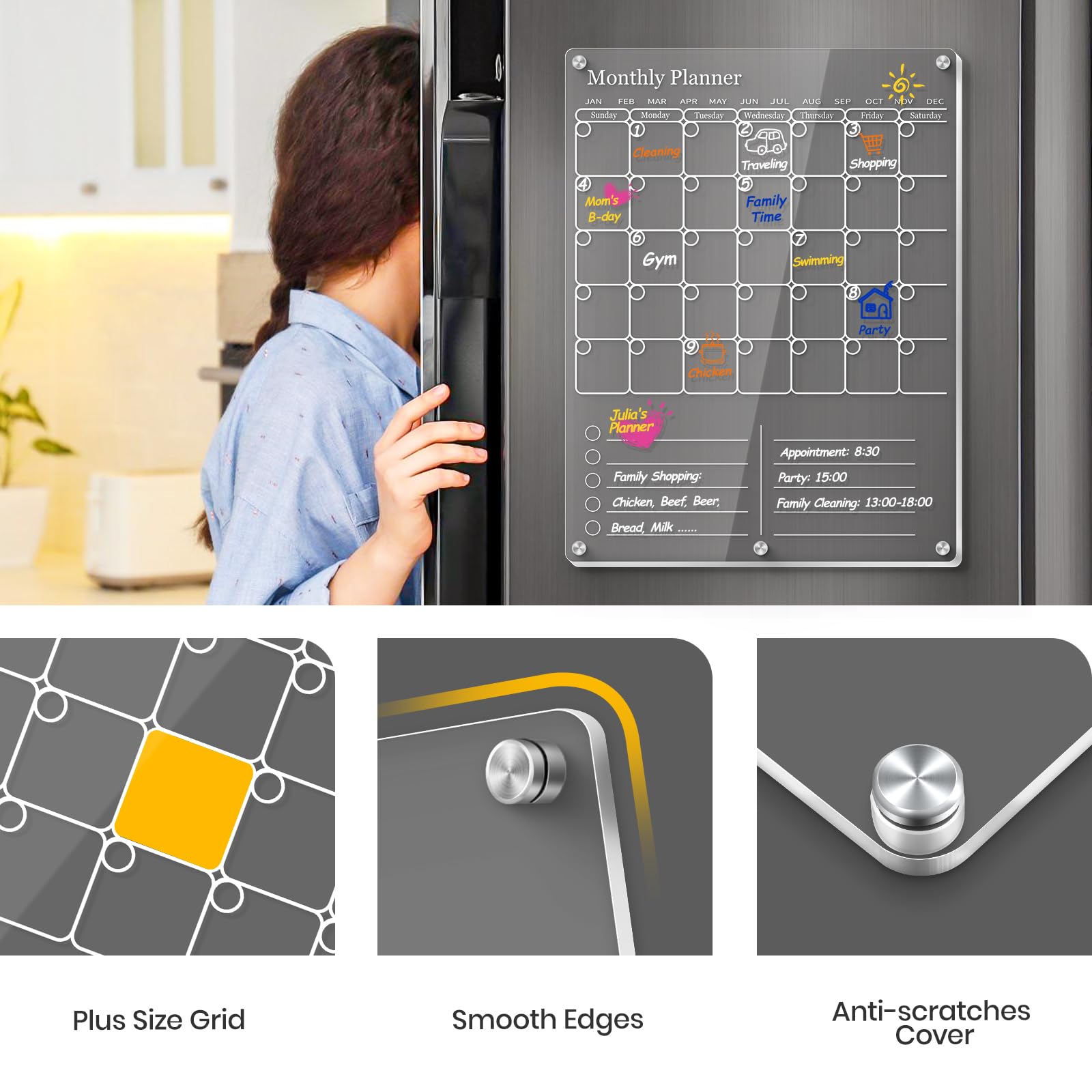 Acrylic Magnetic Fridge Calendar, Clear Dry Erase Board Calendars for Refrigerator, 2 in1 Monthly Calendar to Do List Board, Calendar WhiteBoard Kitchen Menu Planner Board with Markers (White)