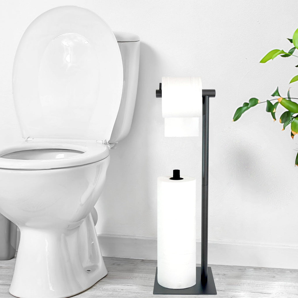 Toilet Paper Stand Black, Toilet Tissue Roll Holder Free Standing, Bath Toilet Paper Roll Standing Dispenser with Reserve, Toilet Tissue Organizer Stand with Heavy Base for Bathroom Washroom Lavatory