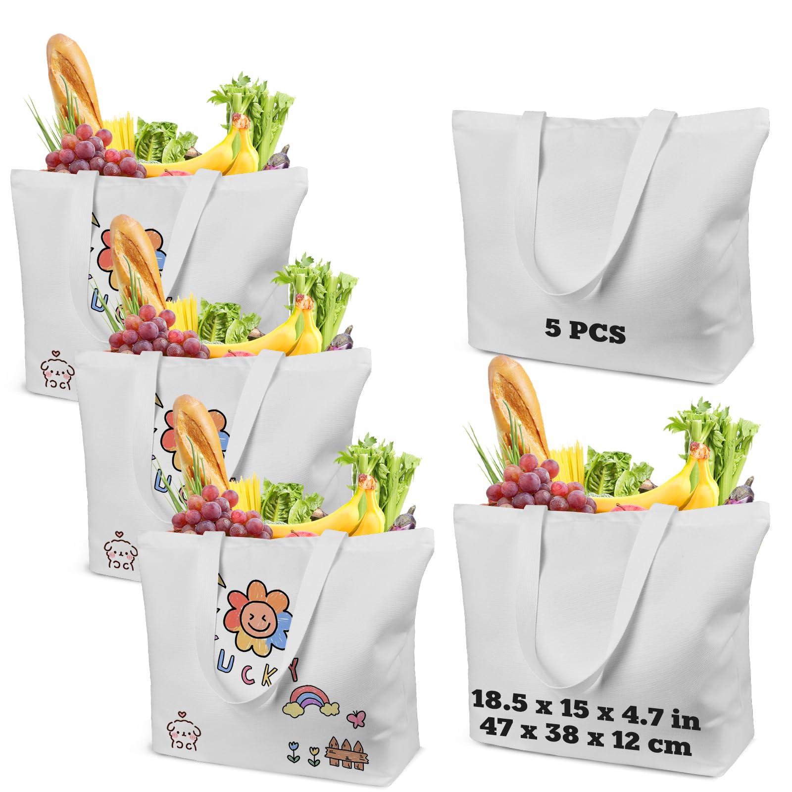 5 Pack Sublimation Tote Bags Blanks - 12oz Heavy-Duty 100% Polyester with Zipper, Long Handles (18.5"x15"x4.7"), Reusable for DIY, Heat Transfer, Gym, Travel, Business Branding