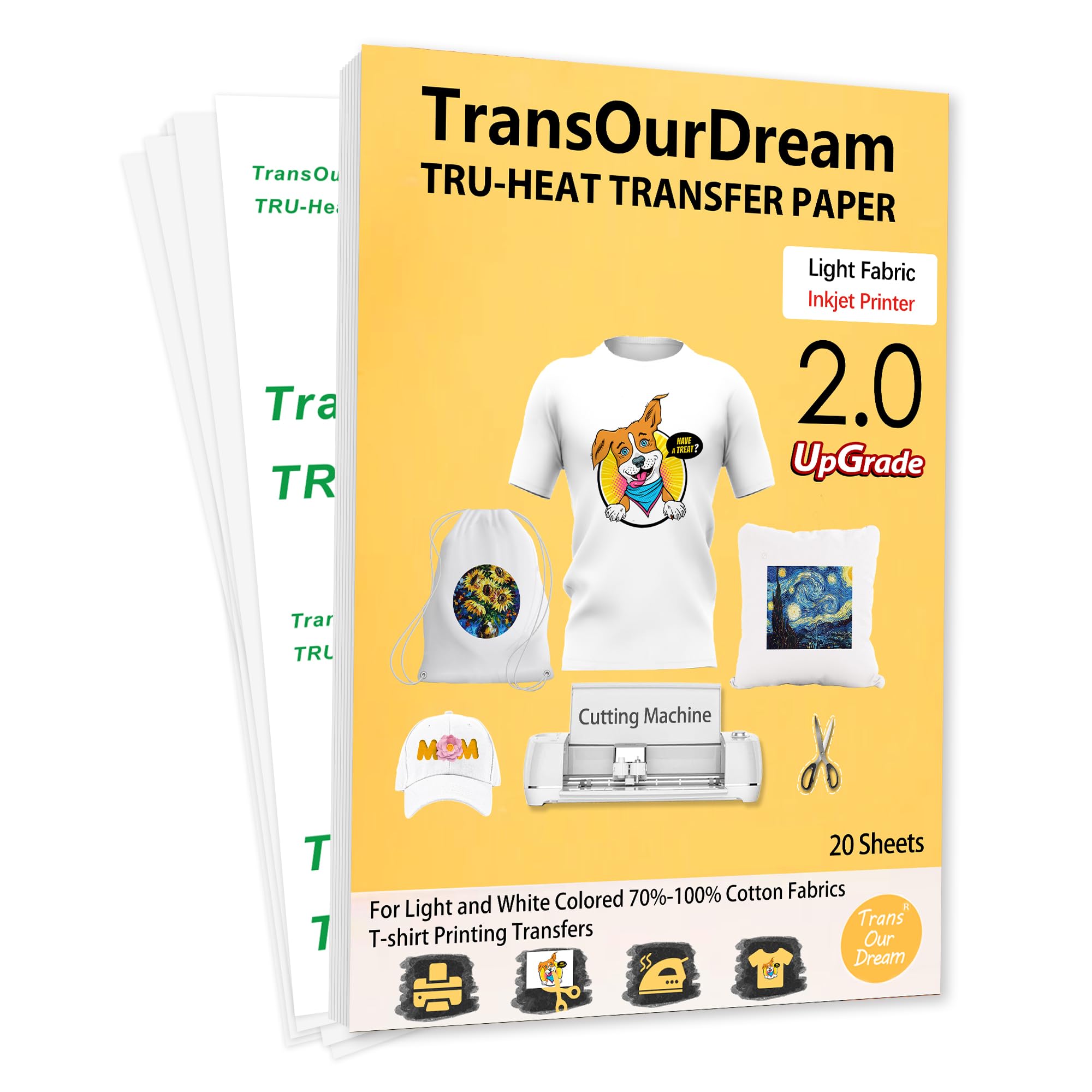TransOurDream Upgraded Iron on Heat Transfer Paper for T Shirts (20 Sheets, 8.5x11") Iron-on Transfers Paper for Light Fabric Printable Heat Transfer Vinyl for Inkjet Printer (CA-2-20)