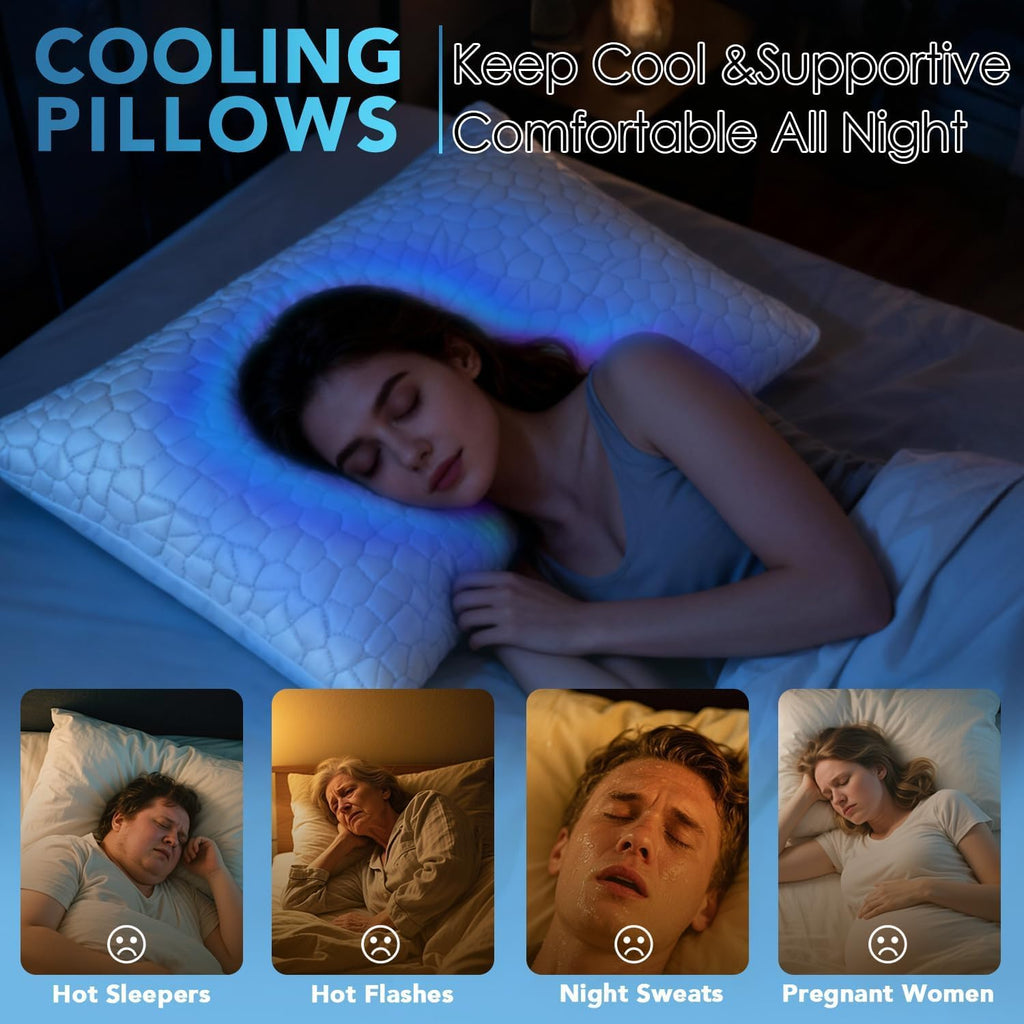 Cooling Memory Foam Pillow for Sleeping, Adjustable Shredded Memory Foam Bed Pillow, Breathable Bamboo Rayon Cover, Soft & Supportive Pillow for Side Back Stomach Sleepers, Queen Size 1-Pack