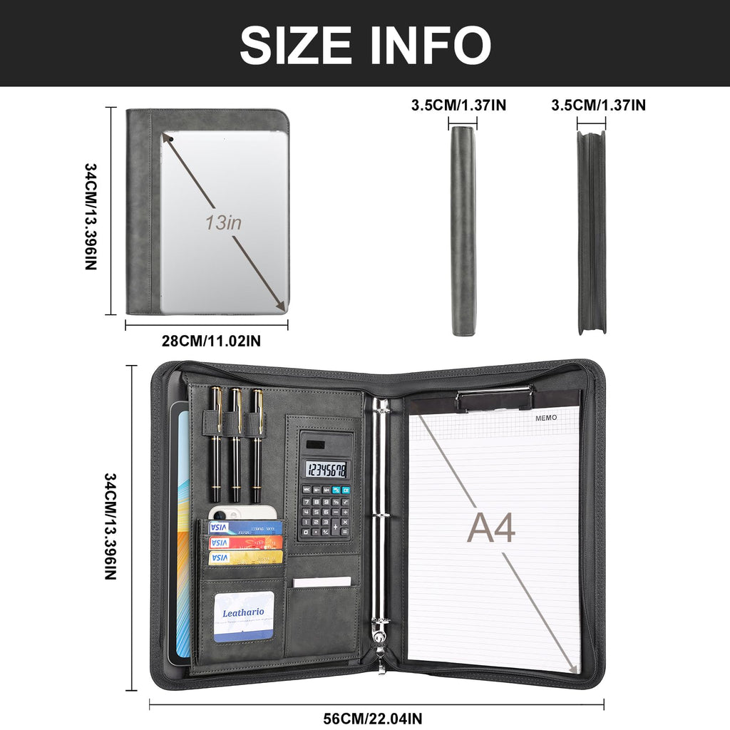 Leathario Portfolio, Vegan Leather 3-Ring Zipper Binder, Includes 10 Clear Sheet Protectors and a Pen, Multi-Pocket A4 Padfolio Folder for Tablets, Files and Business Documents, Office Supplies