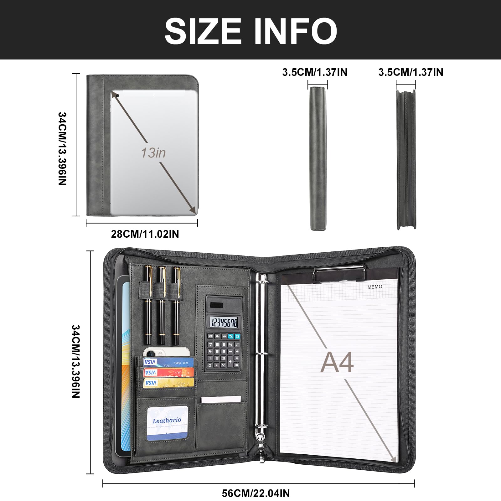 Leathario Portfolio, Vegan Leather 3-Ring Zipper Binder, Includes 10 Clear Sheet Protectors and a Pen, Multi-Pocket A4 Padfolio Folder for Tablets, Files and Business Documents, Office Supplies