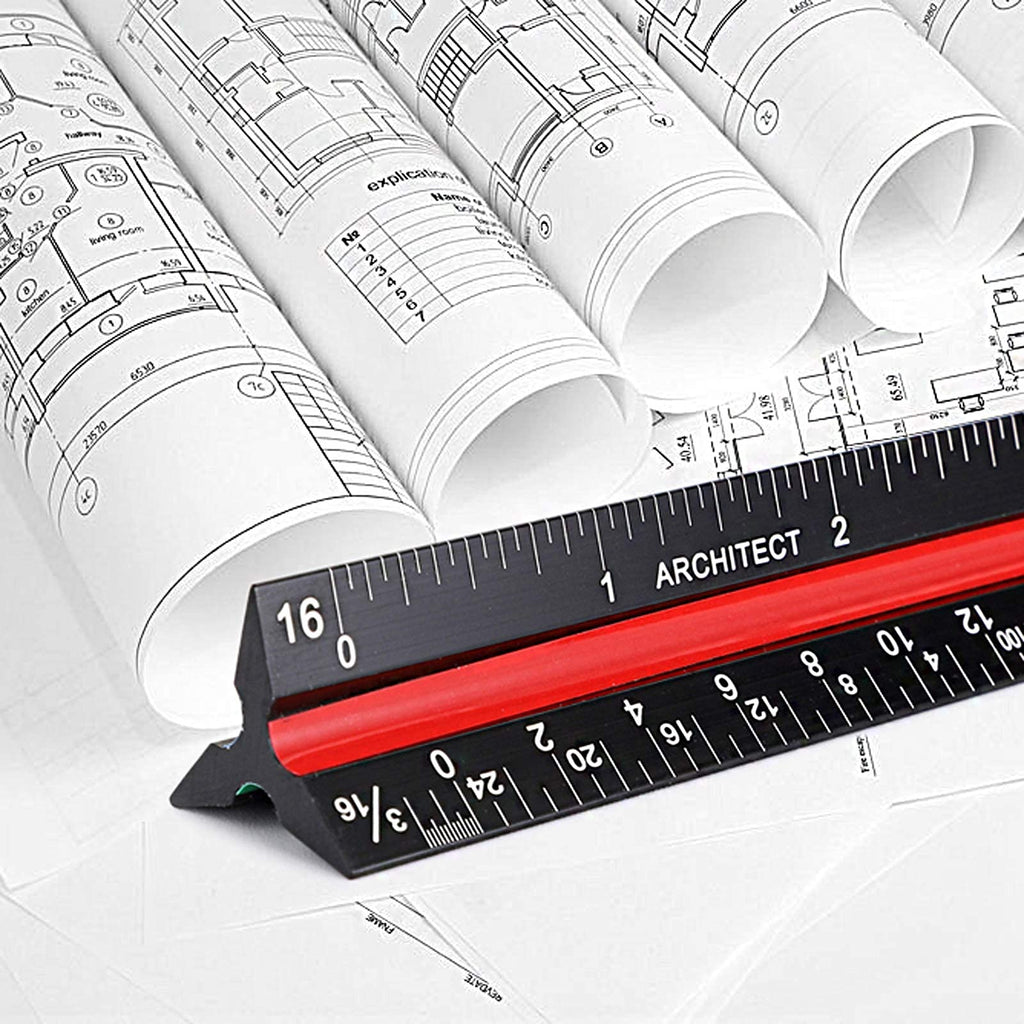 BTSKY 3 Pack 12 Inches Architectural Scale Ruler Engineering Imperial Scale Ruler with Standard Metric&Imperial Conversion Drafting Ruler Aluminum Triangular Scale Measuring Ruler Tool,Black with Red/Green/Blue