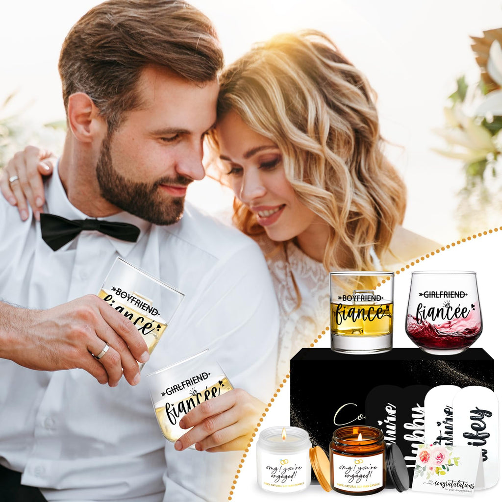 Engagement Gifts for Couples - Wine and Whiskey Glass Set for Newly Engaged, Boyfriend & Girlfriend, Fiance Fiancee, Mr and Mrs, His and Hers - Newlywed Wedding Gift