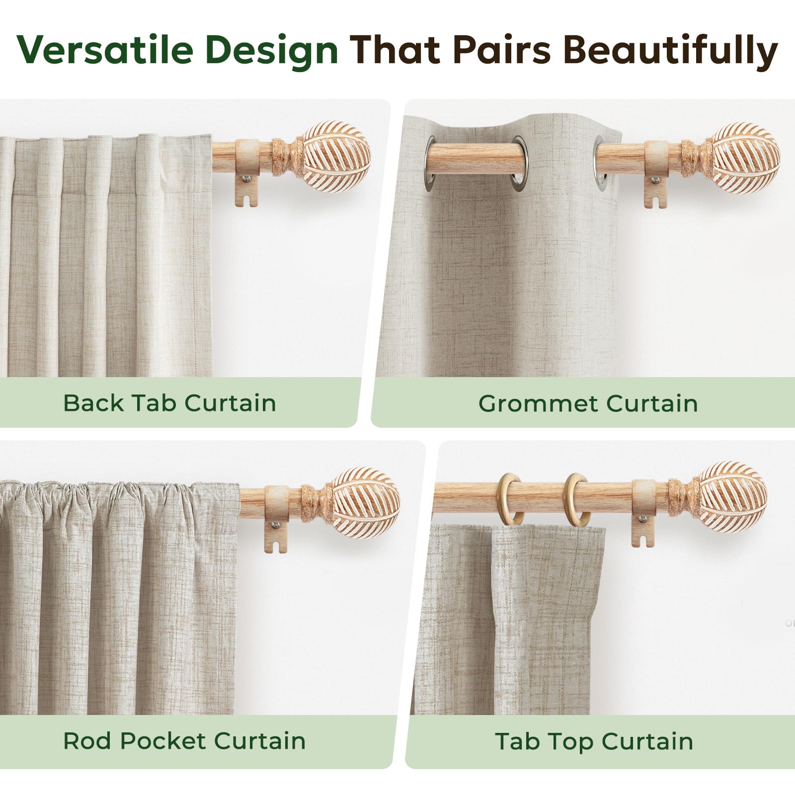 Zeerobee Wood Curtain Rods for Windows 48 to 84, 1 Inch Heavy Duty Drapery Rods with Imitation Wood Grain Leaf Pattern Finials, Indoor/Outdoor Modern Curtain Pole, 32"-86", Brown