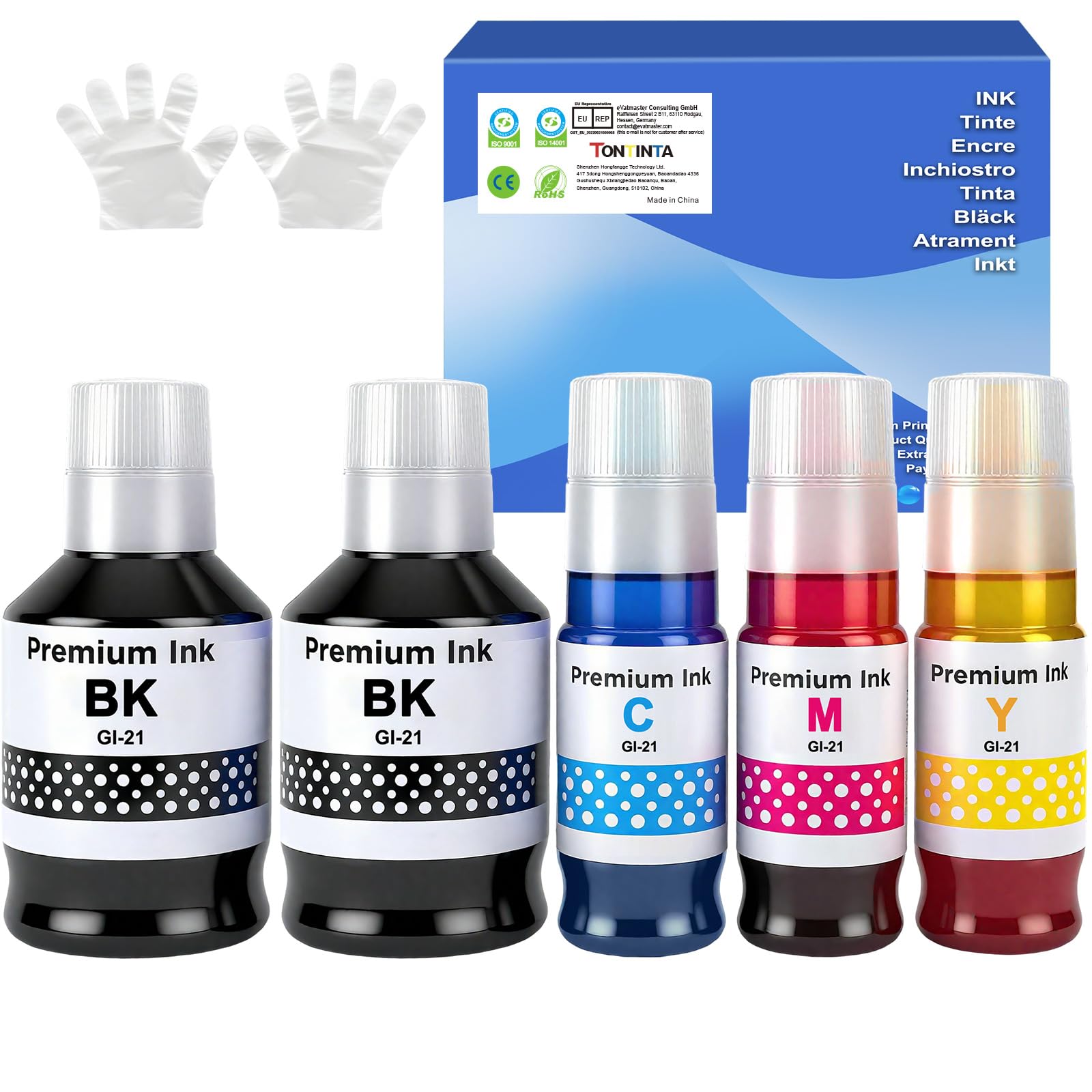 TONTINTA GI-21 GI21 G3270 G3290 Compatible Ink Bottles 5 Pack Multipack High Capacity for Canon G3260 G2260 G1220 G1230 G2270 G4270 G4280 Printers 170ml Black Ink Refill 70ml C/M/Y Ink Refill