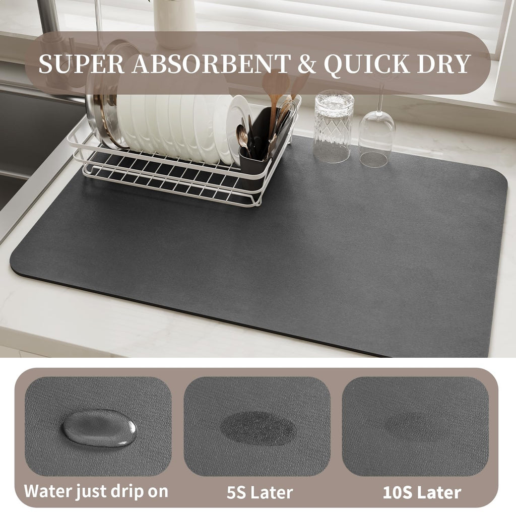 MontVoo-Absorbent Dish Drying Mat-Kitchen Counter Rubber Backed Water Absorbing Drying Mat-Hide Stain Under Dish Mat Quick Dry Coffee Mat-Dark Grey 16''x24''