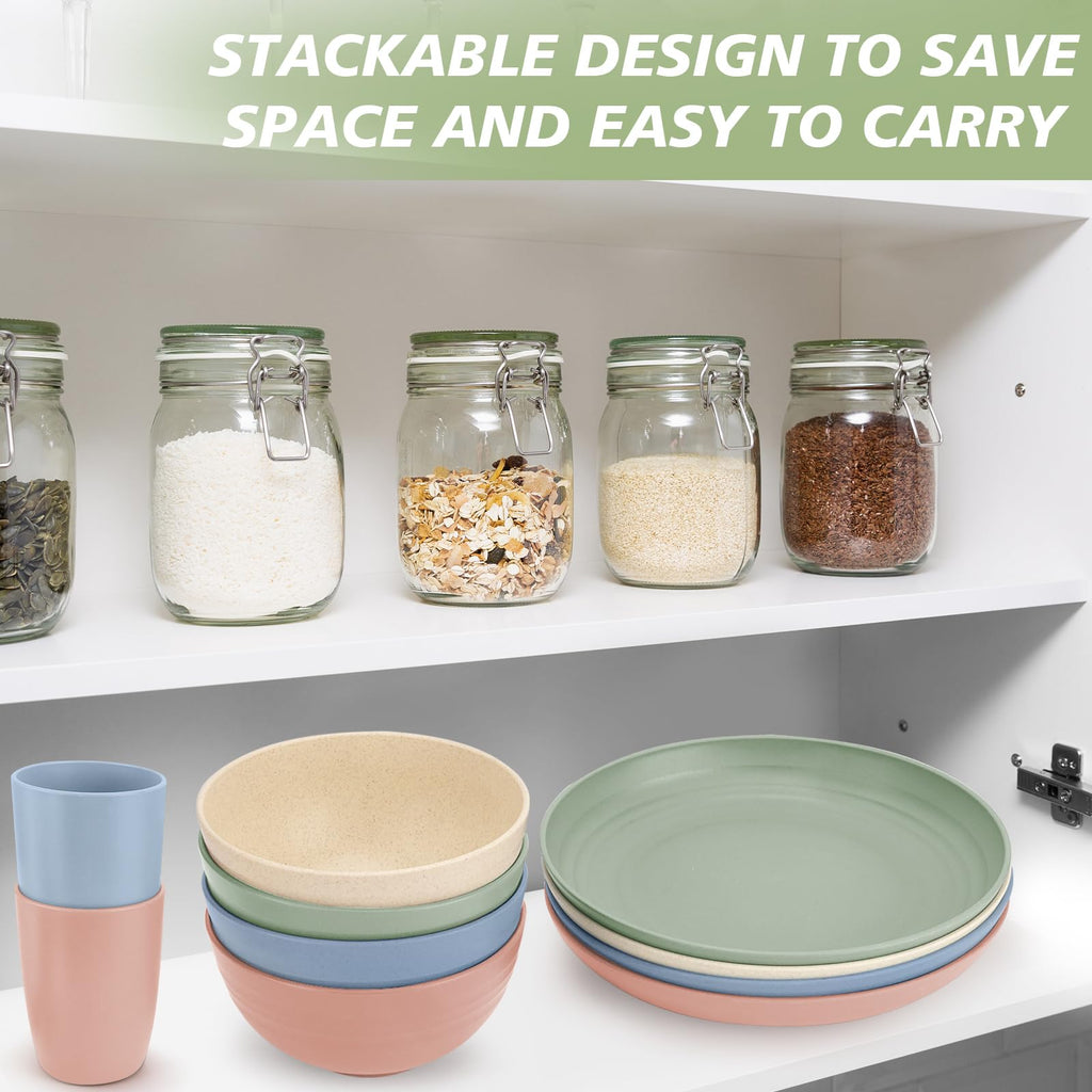 Shopwithgreen 20 PCS Wheat Straw Dinnerware Set Service for 4, Microwave & Dishwasher Safe Plates and Bowls Cups, Unbreakable Dishes Set with Forks & Spoons