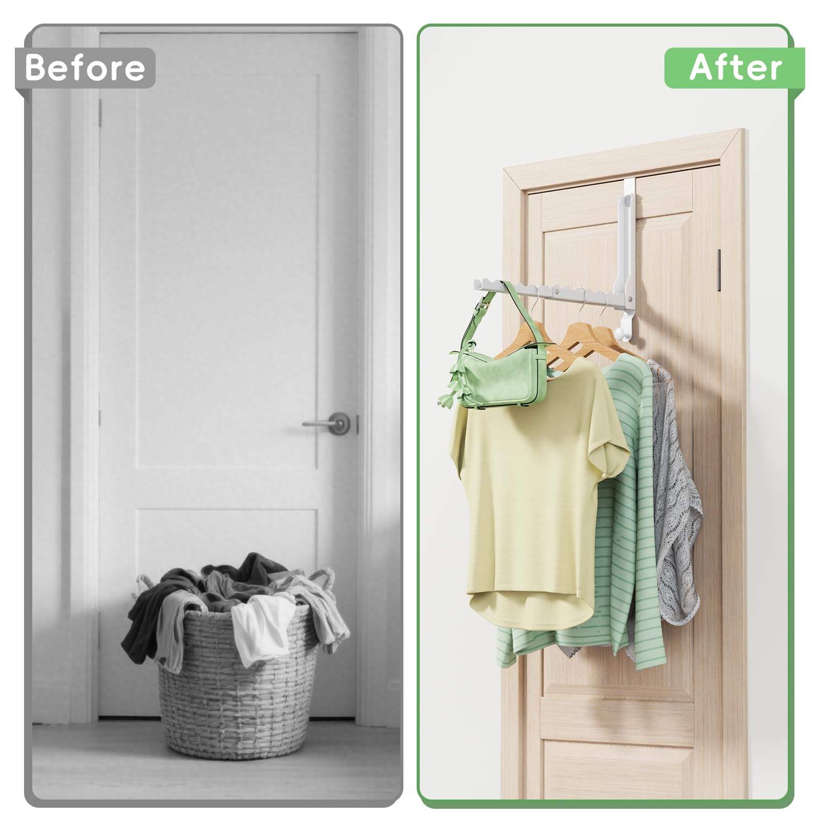 Over The Door Hooks, Extended Over The Door Clothes Hanger with 10 Ridges,Space-Saving Over The Door Rack,Door Hooks for Hanging Clothes,Larger Capacity Over The Door Hanger (1, White-up)