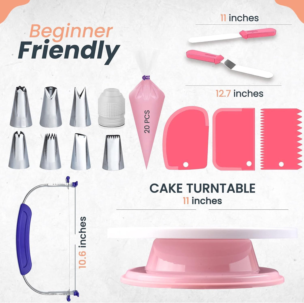 RFAQK 35 PCs Cake Decorating Kit with Cake Turntable -Leveler- Cake Stand with Non slip Base-7 Piping Tips & 20 Bags-Straight & Offset Spatula- Scraper Set-EBook-Cake Decorations & Baking Supplies Set