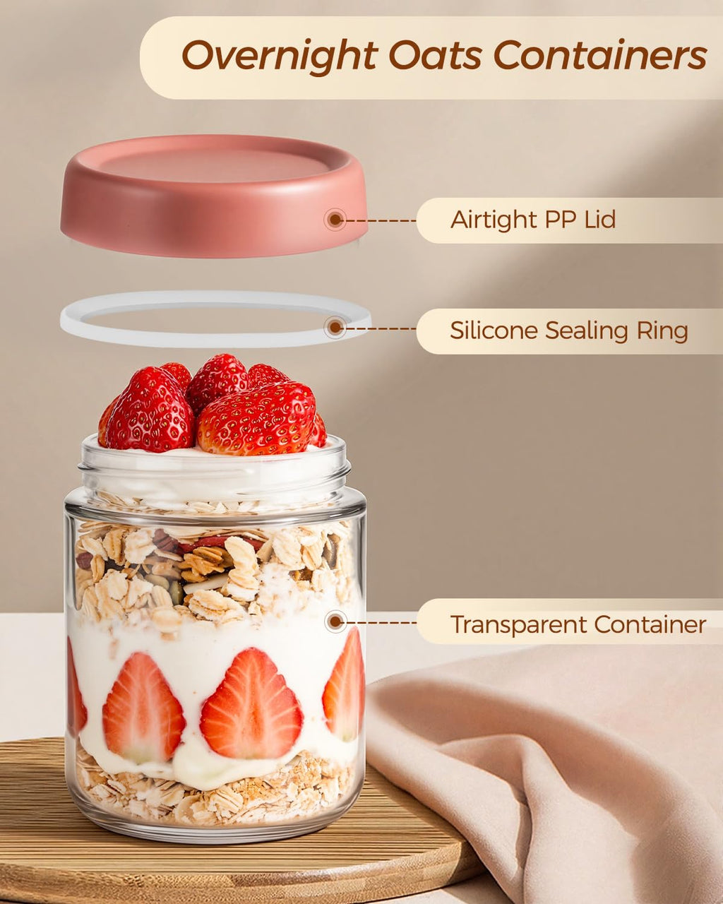 Overnight Oats Jars, Thyme Space 4 pack 500ml/16 oz Overnight Oatmeal Container with Lid for Homemade Yogurt Oatmeal Salad Jam Pudding